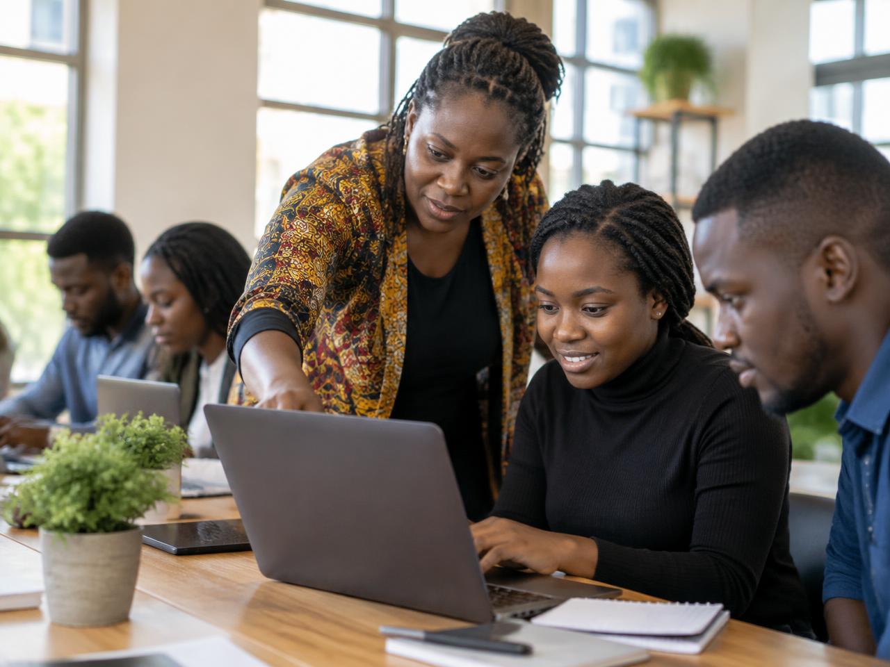 An educator supporting learners during a digital skills workshop
